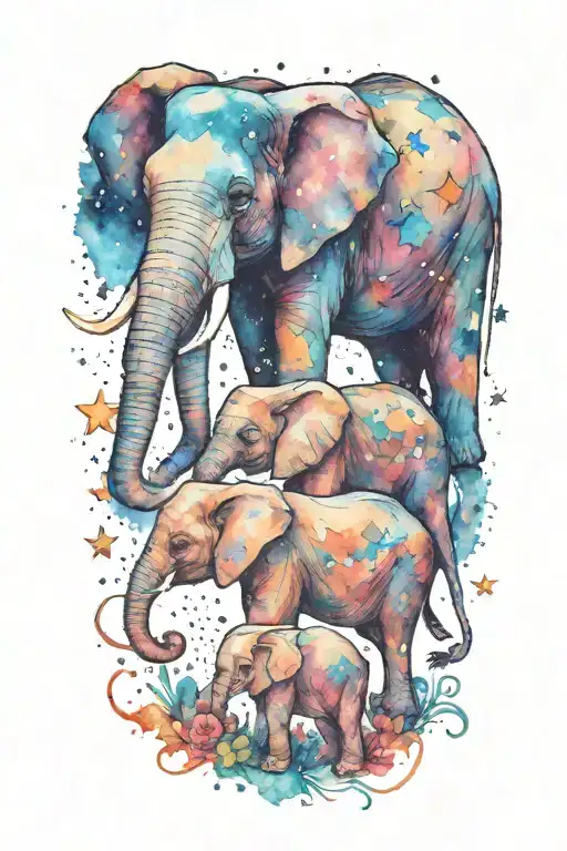 Mother Elephant And Two Kids Under The Night Sky Filled With Stars