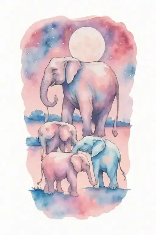 Mother Elephant And Two Kids Under The Night Sky And Full Moon