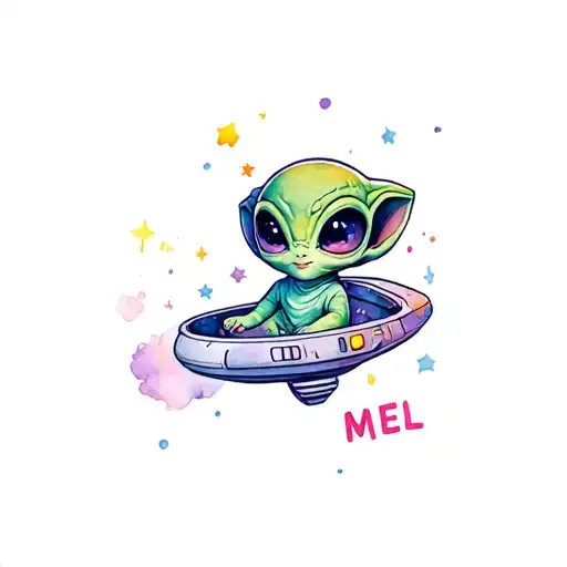 Tattoo Of A Super Cute Baby Girl Alien In A Spaceship With Mel Written On Panels