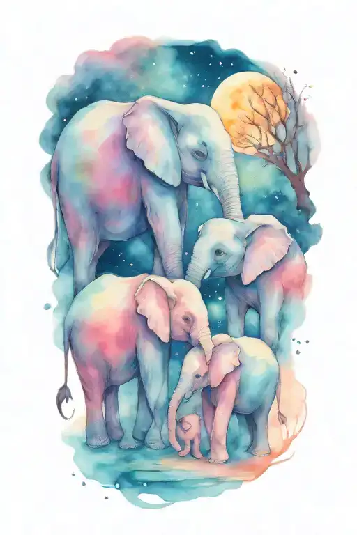 Mother Elephant And Two Kids Under The Night Sky And Full Moon