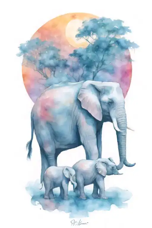 Elephant And Her Two Kids Under A Full Moon Night Time