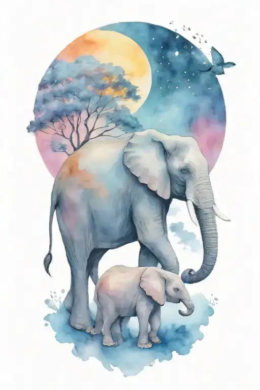 Elephant And Her Two Kids Under A Full Moon Night Time