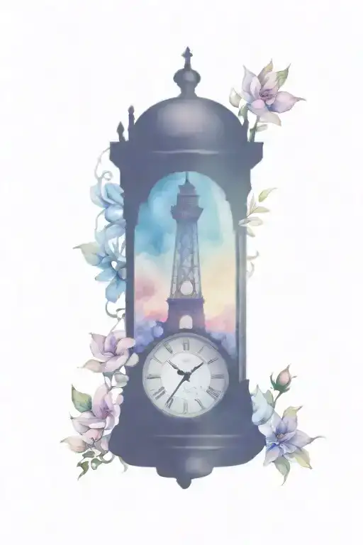 Single Clock Tower Inside A Compass With Flowers Intertwined