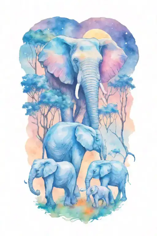 Mother Elephant And Two Kids African Forestry With Large Full Moon And Trees In The Background