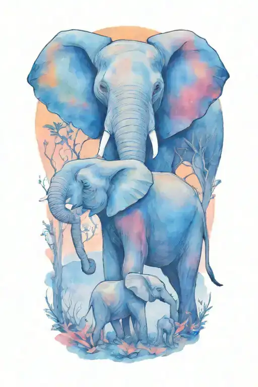 Mother Elephant And Two Kids African Forestry With Large Full Moon And Trees In The Background