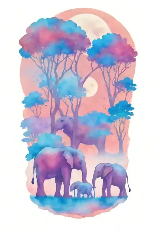 Mother Elephant And Two Kids African Forestry With Large Full Moon And Trees In The Background