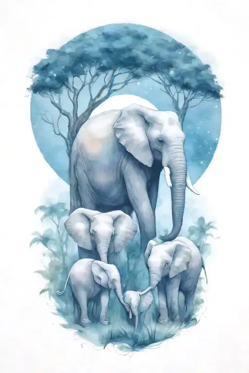 Mother Elephant And Two Kids African Forestry With Large Full Moon And Trees In The Background