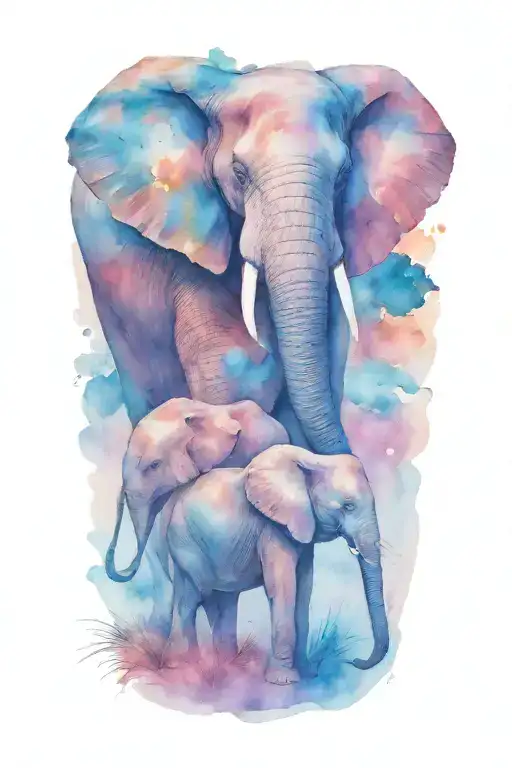 Female African Elephant And Two Kids In The Moonlight