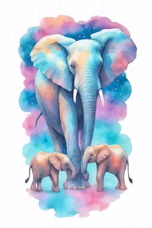 Female African Elephant And Two Kids In The Moonlight