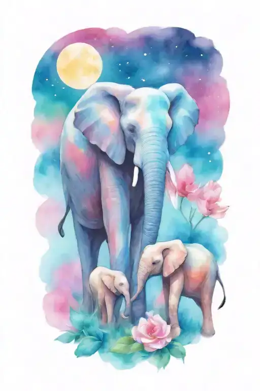 Loving Female African Elephant And Two Kids In The Moonlight With Flowers