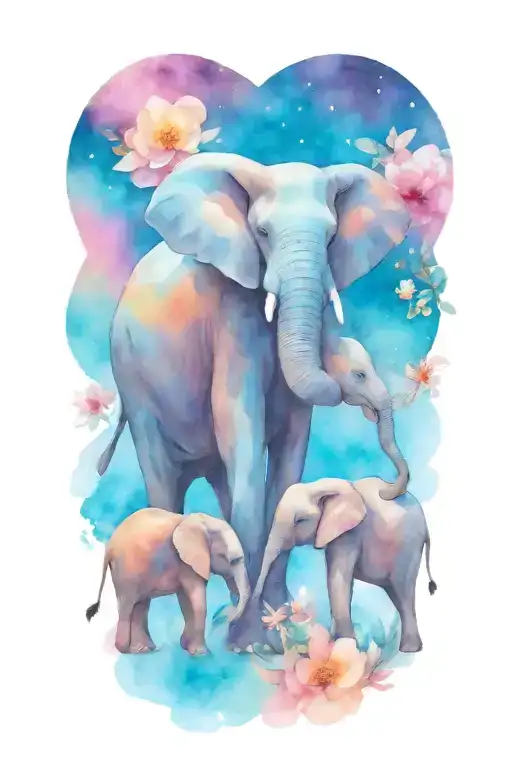 Loving Female African Elephant And Two Kids In The Moonlight With Flowers