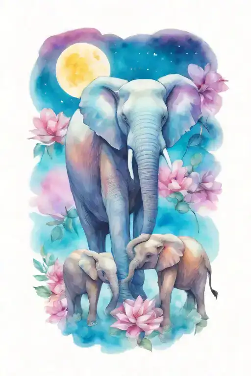 Loving Female African Elephant And Two Kids In The Moonlight With Flowers