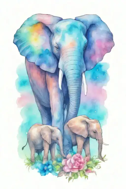 Loving Female African Elephant And Two Kids In The Moonlight With Flowers