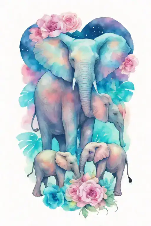 Loving Female African Elephant And Two Kids In The Moonlight With Flower Border