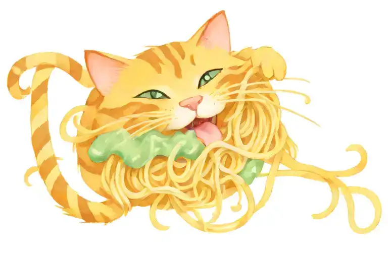 Happy Cat Eating Spaghetti