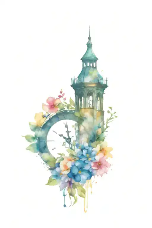 Single Clock Tower With Ring Of Flowers Entwined Around