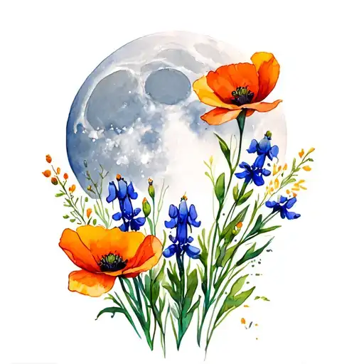 Full Moon With California Poppies And Texas Blue Bonnets