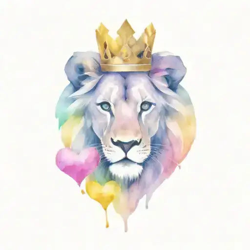 Lion Face With A Crown Imposed On Two Hearts