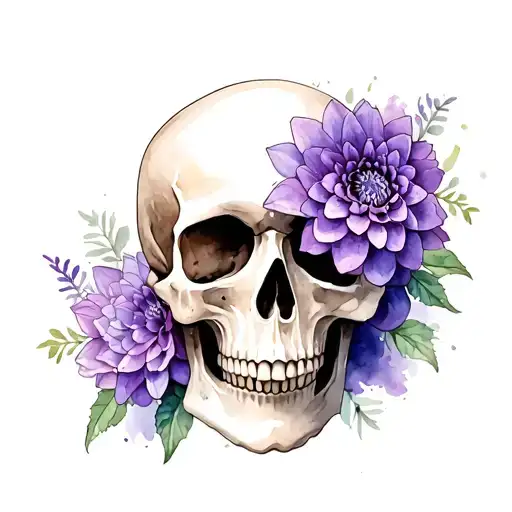 Skull With Purple Dahlia Flowers