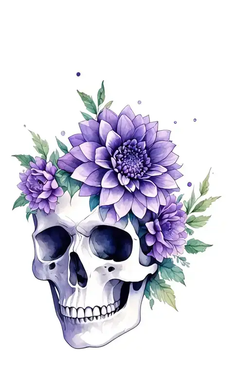 Skull With Purple Dahlia Flowers Intertwined