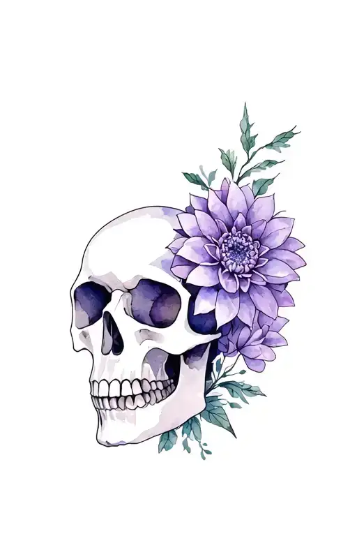Skull With Purple Dahlia Flowers Blooming