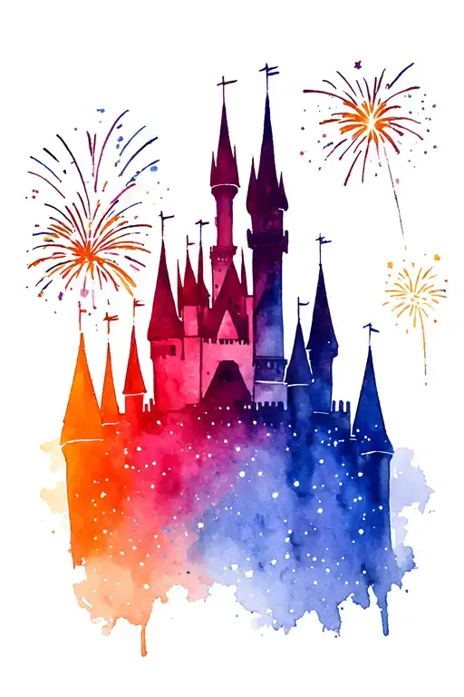Disney Castle Silhouette With Sparkles And Fireworks