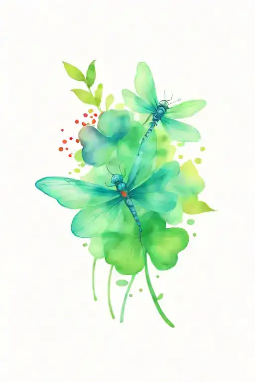 Green 4 Leaf Clover With Red And Blue Dragonflies Pain Grief