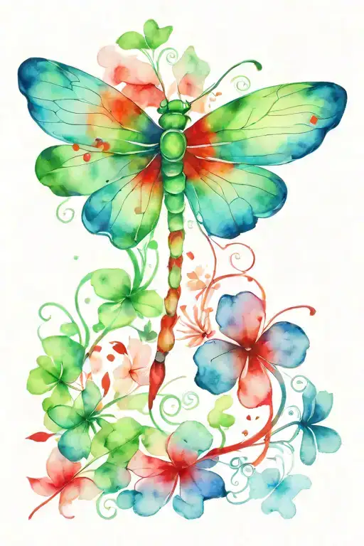 Green 4 Leaf Clover With Red And Blue Dragonflies Pain Grief