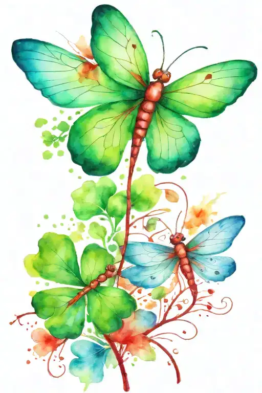Green 4 Leaf Clover With Red And Blue Dragonflies Pain Grief