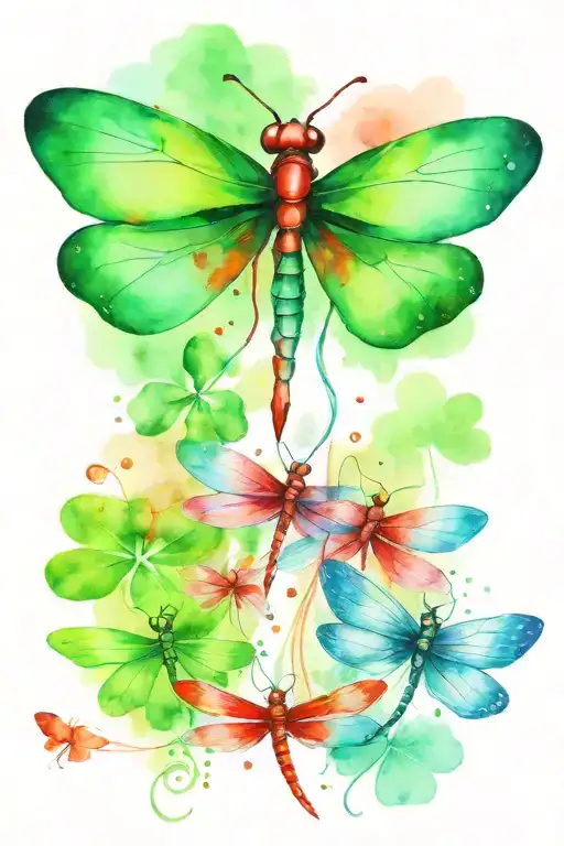 Green 4 Leaf Clover With Red And Blue Dragonflies Pain Grief