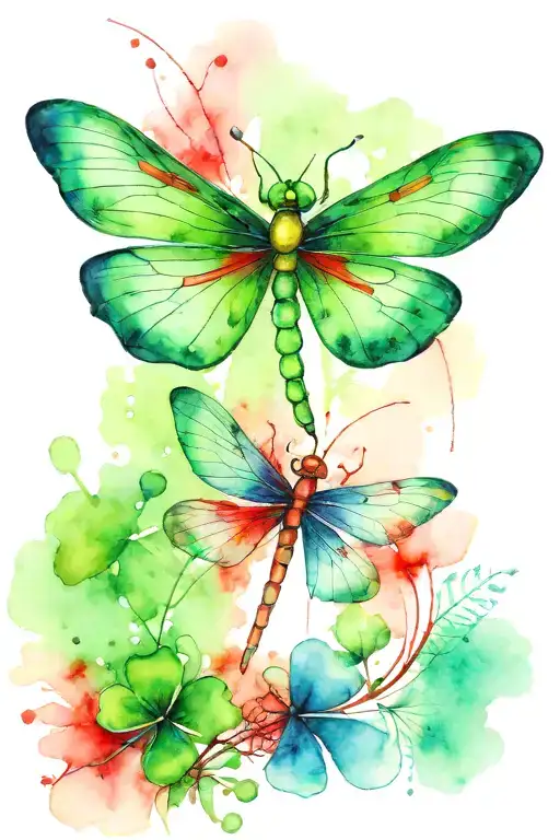 Green 4 Leaf Clover With Red And Blue Dragonflies Pain Grief