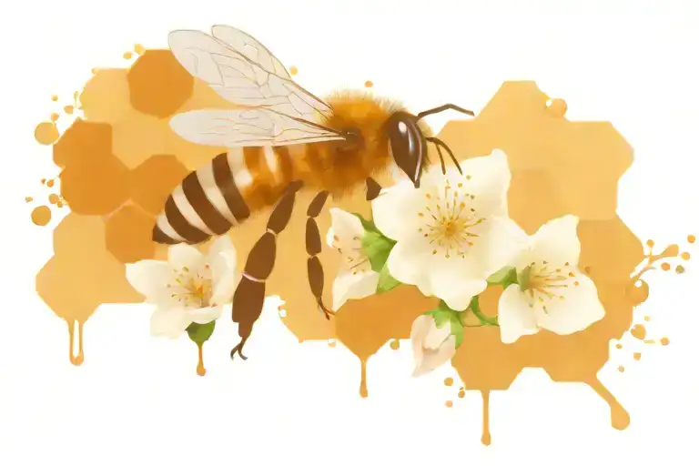 Honey Bee With Comb And Flowers