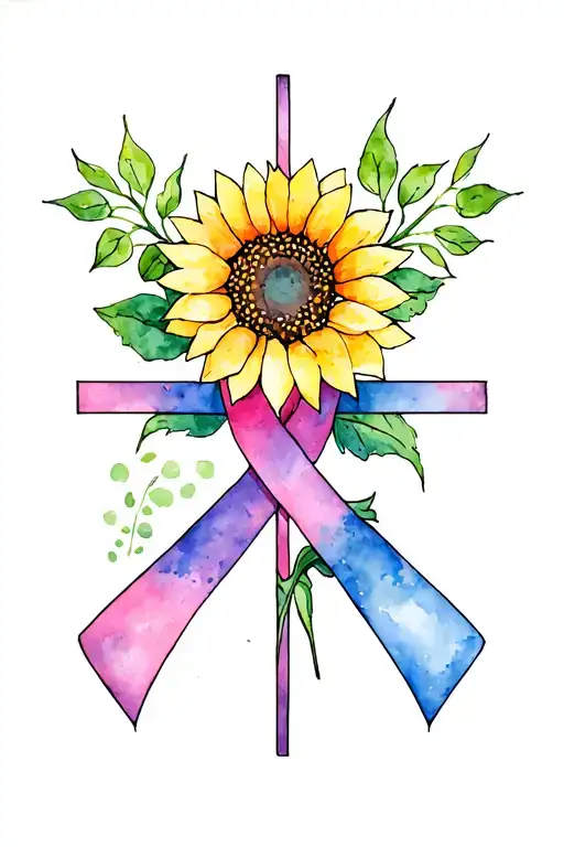 Sunflower And Cross With 2 Cancer Ribbons