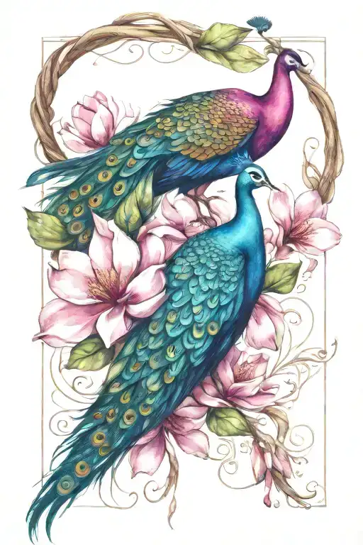 Magnolia Flower With Peacock And Thin Ropes