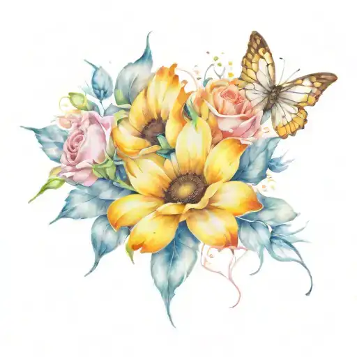 Sunflower Butterflies And Roses
