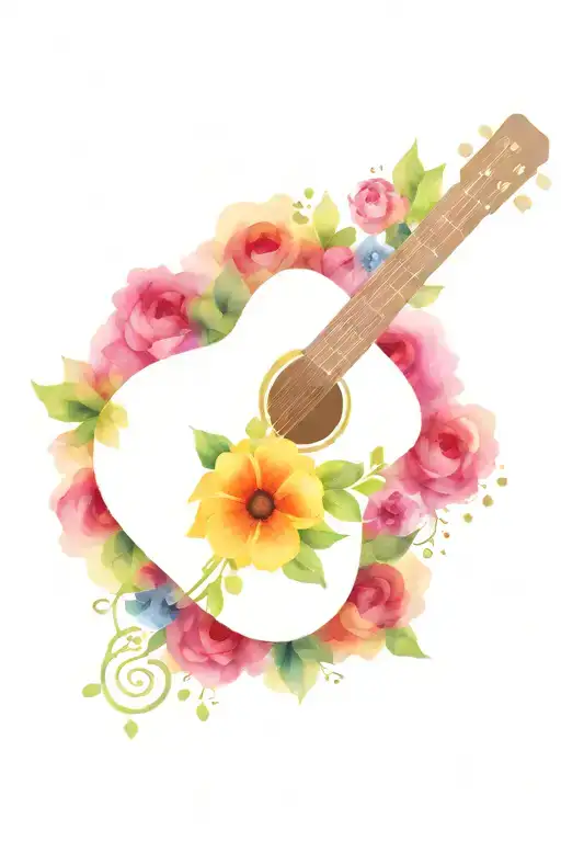 Acoustic Guitar With Flowers Sheet Music And Music Notes Around It