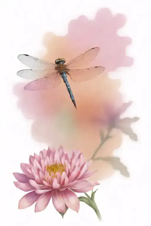 Dragonfly Resting With Chrysanthemum And Aster Flower