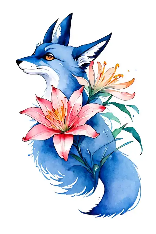 Nine-tailed Fox With Japanese Lily Flower