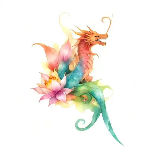 Dragon And Lotus Flower Tattoo On Arm For Women