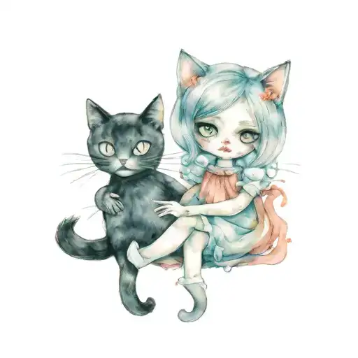 Creepy Doll Holding A Black Cat Sitting