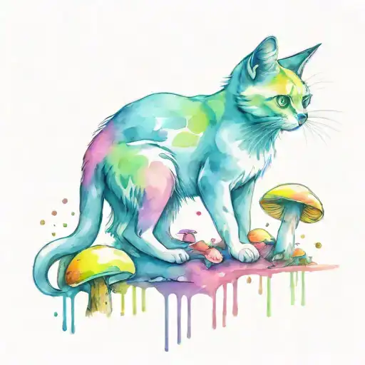 Trippy Colorful Cat Eating Rainbow Mushrooms