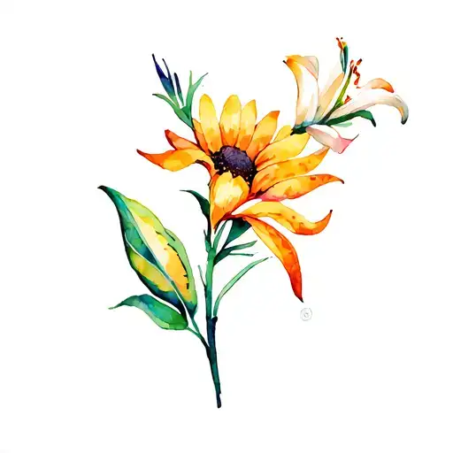 Sunflower With A Mexican Bird Of Paradise Flower And A Mango Calle Lily