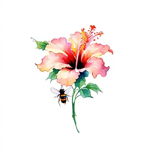 Hibiscus Flower In Full Arm With One Bee And A Little Dragon