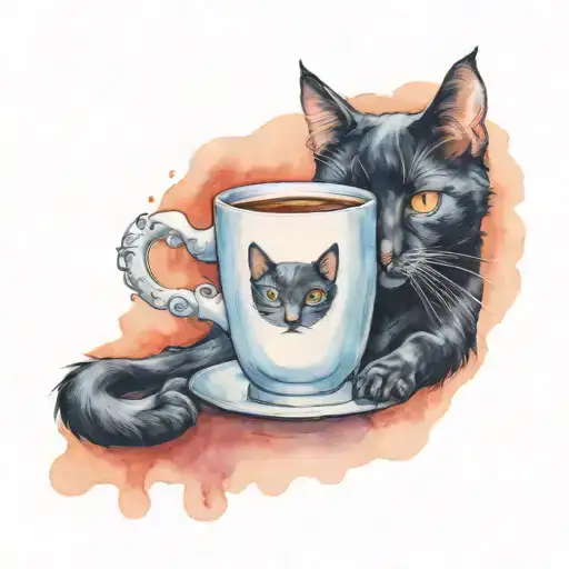 A Realistic Portrait Of A Black Cat With Devil Horns And A Coffee Cup In Its Paw
