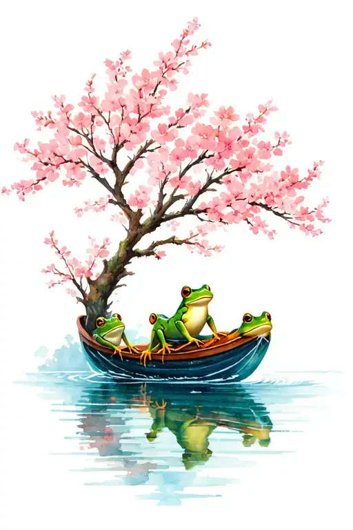 Cherry Blossom Tree Water And Frogs Riding