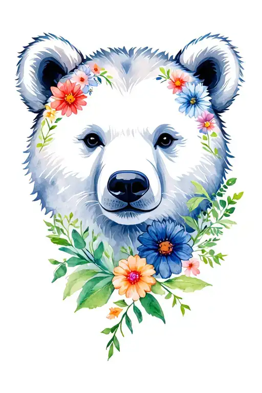 Bear Face Outline With Flowers And Cubs Face Only