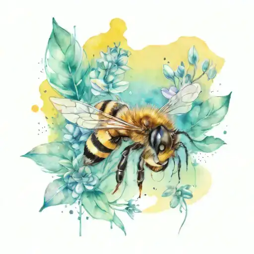 Honey Bee In Fine Line Back With A Splash Of Yellow Colour Behind