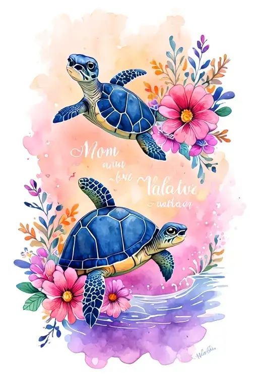 Mom Turtle Swimming Alongside Their Son With Flowers And Words