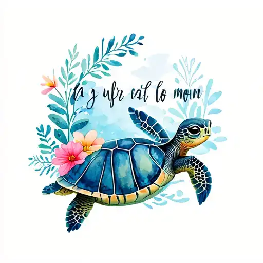 Mom Turtle Swimming Alongside Their Son With Flowers And Words