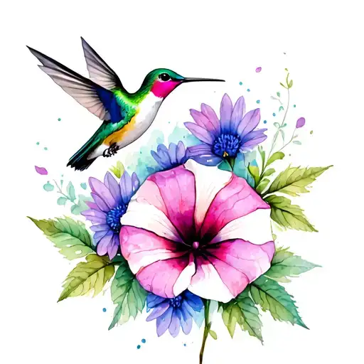 Aster Morning Glory Flower Intertwined With Hummingbird